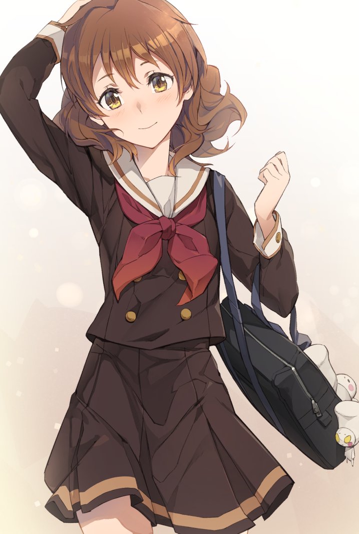 1girl, arm_over_head, arm_up, bag, bangs, blush, brown_hair, brown_serafuku