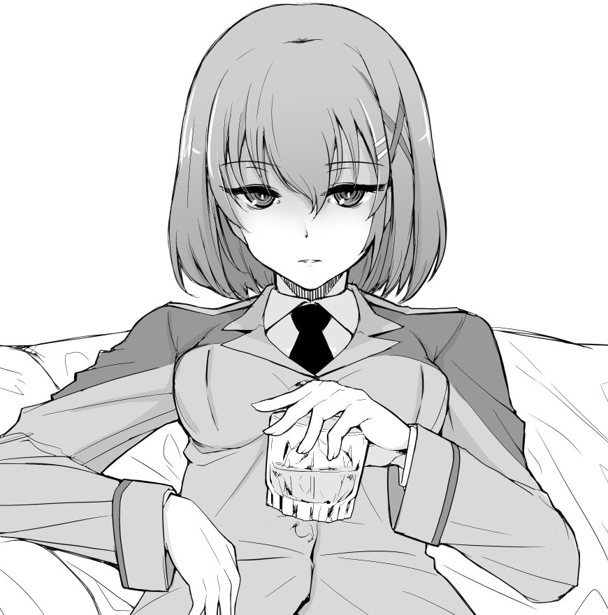 1girl, alcohol, closed_mouth, commentary, cup, dress_shirt, drinking_glass, english_commentary