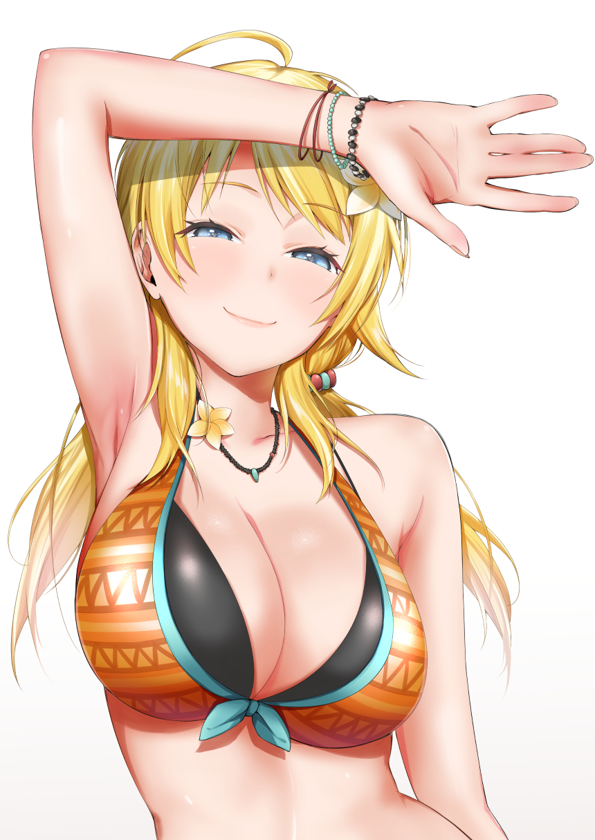 1girl, ahoge, arm_up, armpits, bangs, bikini_top, blonde_hair, blue_eyes