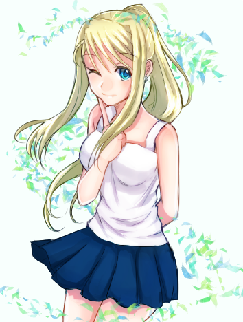 1girl, ;), arm_behind_back, bangs, bare_arms, bare_shoulders, blonde_hair, blue_eyes