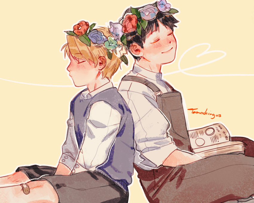 1boy, 1girl, ^_^, artist_name, back-to-back, black_hair, blonde_hair, blue_flower