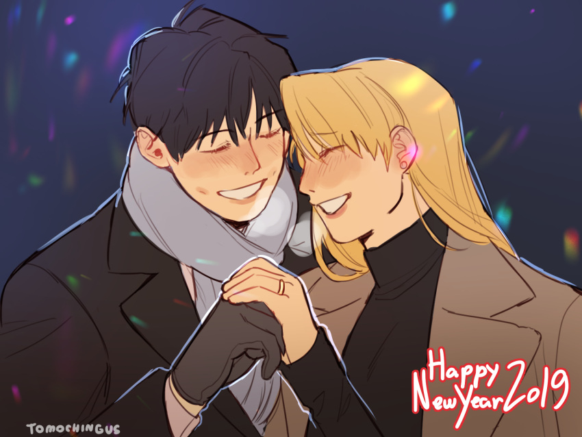 1boy, 1girl, 2019, =3, artist_name, black_gloves, black_hair, blonde_hair