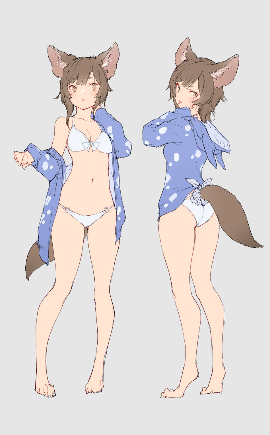 animal_ears, ass, bangs, barefoot, bikini, breasts, brown-eyes, brown_hair, highres, hood, hoodie, looking_at_viewer, medium_breasts, mogumo, navel, o-ring, o-ring_bottom, original, short_hair, sketch, swimsuit, tail, white_bikini