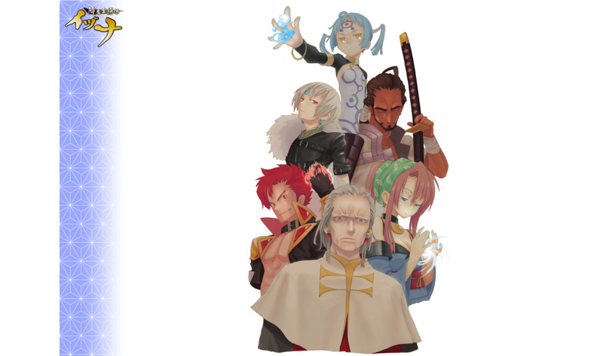 bandana, bare_shoulders, beard, belt, belts, blue_eyes, blue_hair, breasts, brown_hair, choker, cleavage, earrings, facial_hair, fire, flat_chest, fur, fuuka_(izuna), goddess, grin, hair_beads, hair_bobbles, hair_ornament, jewelry, kagen_(izuna), katana, legend_of_the_unemployed_ninja, magic, official_art, old_man, ponytail, red_eyes, red_hair, redhead, shawl, short_hair, shuuchi_(izuna), silver_hair, smile, stare, suiren_(izuna), sword, takushiki_(izuna), twintails, utsuho_(izuna), wallpaper, weapon, wind, yellow_eyes