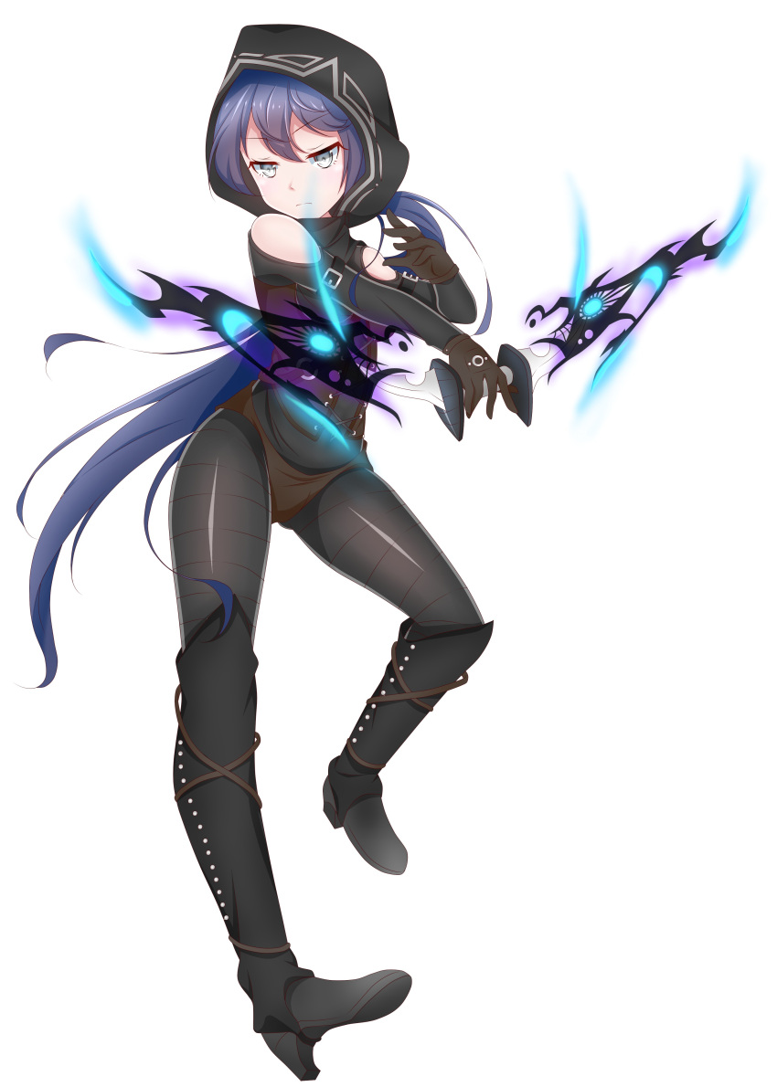 1girl, absurdres, blue_hair, bow, gloves, grey_eyes, highres, hood, hoodie, leopard, looking_at_viewer, maplestory, pantyhose, pathfinder_(maplestory), ponytail, tight, weapon