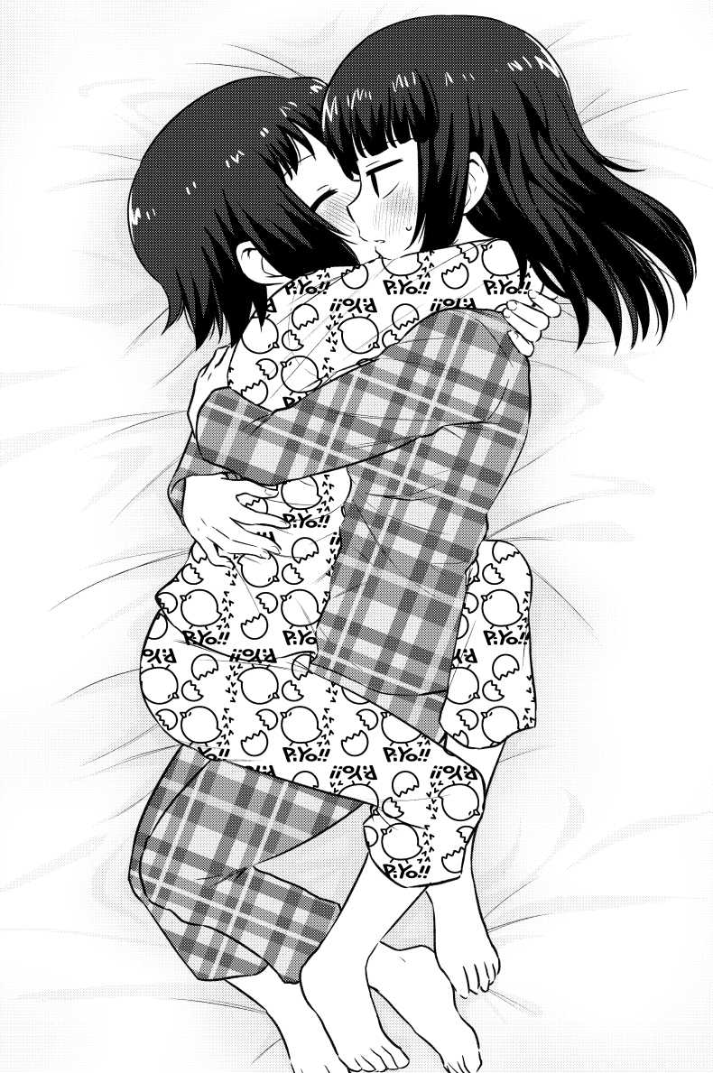 2girls, barefoot, bernard-jou_iwaku., blush, chick_print, closed_eyes, couple, from_side, greyscale, hug, kanbayashi_shiori, long_hair, machida_sawako, meis_(terameisu), monochrome, multiple_girls, mutual_hug, pajamas, plaid_pajamas, print_pajamas, profile, short_hair, yuri