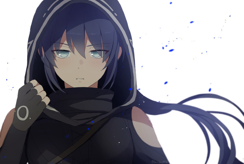 1girl, benika, blue_hair, commentary, concentrating, eyebrows_visible_through_hair, gloves, grey_eyes