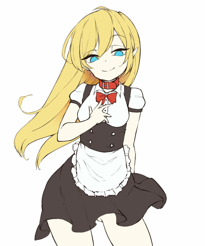 1girl, blonde_hair, blue_eyes, bow, breasts, choker, elf, highres, long_hair, looking_at_viewer, maid, maid_dress, maplestory, mercedes_(maplestory), pointy_ears, skirt, smile