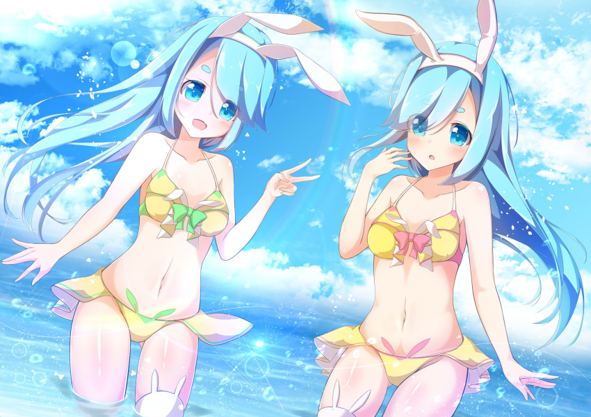 2girls, absurdres, animal_ears, blue_hair, clouds, cloudy_sky, ex_takehito, eyebrows_visible_through_hair, eyes_visible_through_hair, fake_animal_ears, highres, looking_at_viewer, mismatched_legwear, multiple_girls, near_(sound_voltex), noah_(sound_voltex), ocean, open_mouth, rabbit_ears, sky, sound_voltex, thick_eyebrows, v, yellow_bikini_bottom, yellow_bikini_top