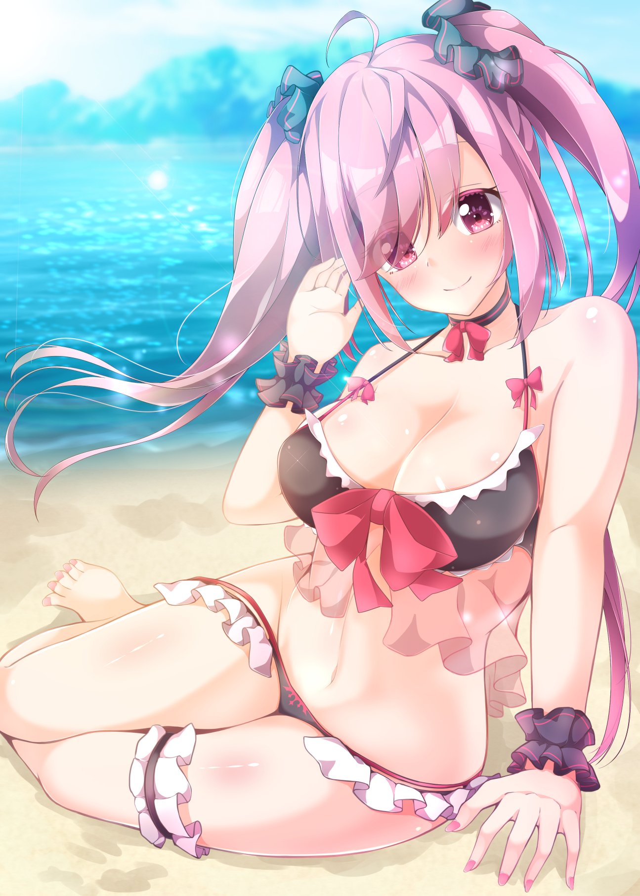 ahoge, armband, bangs, beach, black_bikini_bottom, black_bikini_top, black_choker, black_scrunchie, breasts, choker, cleavage, closed_mouth, ex_takehito, feet, grace_(sound_voltex), highres, large_breasts, legband, long_hair, looking_at_viewer, midriff, navel, ocean, pink_eyes, pink_hair, pink_ribbon, ribbon, scrunchie, sitting, smile, sound_voltex, stomach, twintails