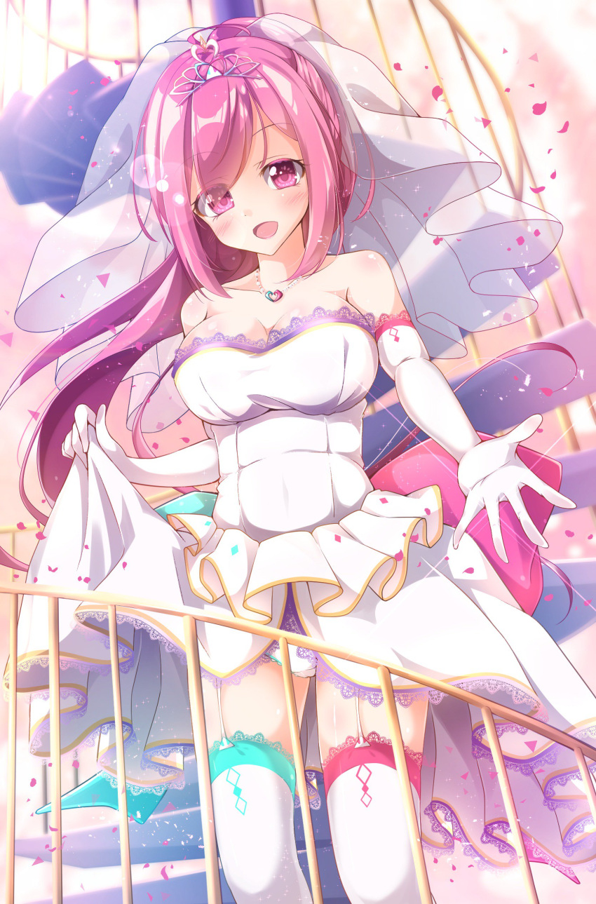 1girl, absurdres, ahoge, breasts, bridal_veil, brooch, cleavage, dress, elbow_gloves, ex_takehito, eyebrows, eyebrows_visible_through_hair, eyes_visible_through_hair, garter_straps, gloves, heart, heart_necklace, highres, holding_dress, jewelry, large_breasts, long_hair, looking_at_viewer, mismatched_legwear, open_mouth, panties, pantyshot, pantyshot_(standing), petals, pink_eyes, pink_hair, rasis, skirt_hold, sound_voltex, spiral_staircase, stairs, standing, thigh-highs, tiara, underwear, veil, wedding_dress