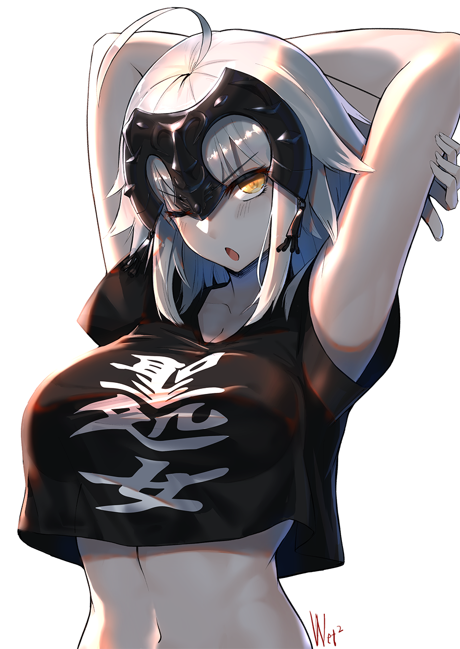 1girl, ahoge, arms_behind_head, arms_up, bangs, black_shirt, blush, breasts, clothes_writing, crop_top, crop_top_overhang, d-cao, fate/grand_order, fate_(series), headpiece, highres, jeanne_d'arc_(alter)_(fate), jeanne_d'arc_(fate)_(all), large_breasts, looking_at_viewer, navel, one_eye_closed, open_mouth, pale_skin, shirt, short_hair, short_sleeves, silver_hair, simple_background, solo, t-shirt, tsurime, white_background, yellow_eyes