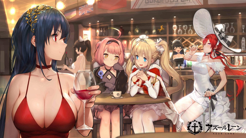 6+girls, ahoge, alcohol, amazon_(azur_lane), animal_ears, atago_(azur_lane), azur_lane, bangs