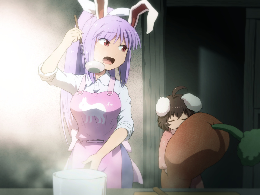 2girls, ahoge, alternate_hairstyle, animal_ears, animal_print, apron, arm_up, bangs