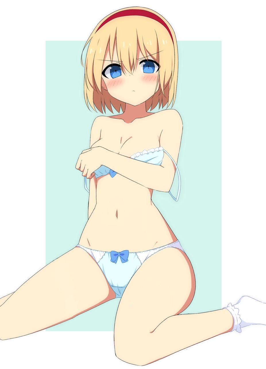 1girl, alice_margatroid, aqua_background, bangs, bare_arms, bare_legs, bare_shoulders, blonde_hair