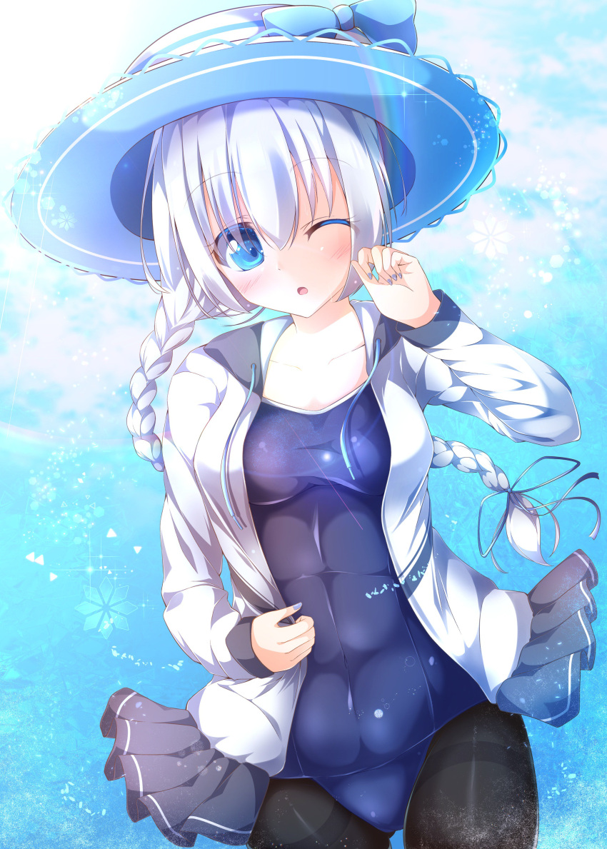 1girl, absurdres, black_legwear, blue_background, blue_bow, blue_eyes, blue_hat, blue_nails