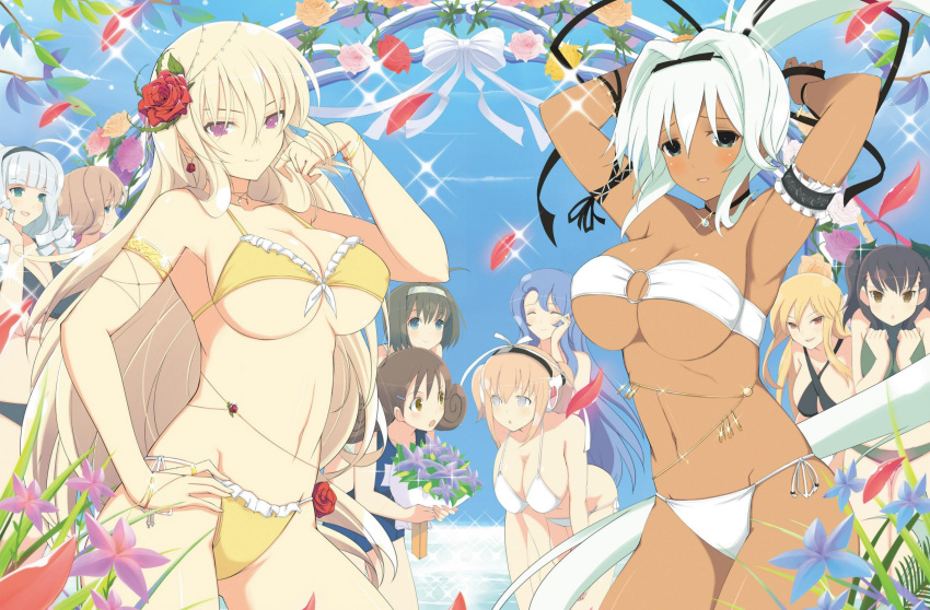 6+girls, ahoge, aimu_(senran_kagura), aqua_eyes, armpits, bikini, black_bikini, black_eyes, black_ribbon, blonde_hair, blue_eyes, blue_hair, blush, bouquet, bracelet, breasts, brown_eyes, brown_hair, cleavage, closed_eyes, closed_mouth, dark_skin, drill_hair, earrings, flower, ginrei_(senran_kagura), hair_flower, hair_ornament, hair_ribbon, hairband, hairclip, hand_on_own_face, highres, jewelry, kumi_(senran_kagura), kurohoro_(senran_kagura), large_breasts, leaning_forward, leo_(senran_kagura), long_hair, looking_at_viewer, misato_(senran_kagura), multiple_girls, nachi_(senran_kagura), navel, official_art, open_mouth, orange_hair, parted_lips, pendant, ponytail, red_eyes, ribbon, ring, senran_kagura, senran_kagura_new_wave, short_hair, silver_hair, smile, standing, swimsuit, syuri_(senran_kagura), twintails, ushimaru_(senran_kagura), very_long_hair, violet_eyes, white_bikini, white_hair, yaegashi_nan, yellow_bikini, yuyaki_(senran_kagura)