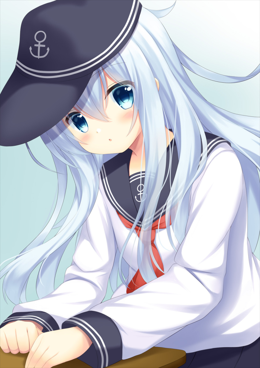 1girl, :o, anchor_symbol, aqua_background, arms_on_table, black_sailor_collar, black_skirt, blue_eyes