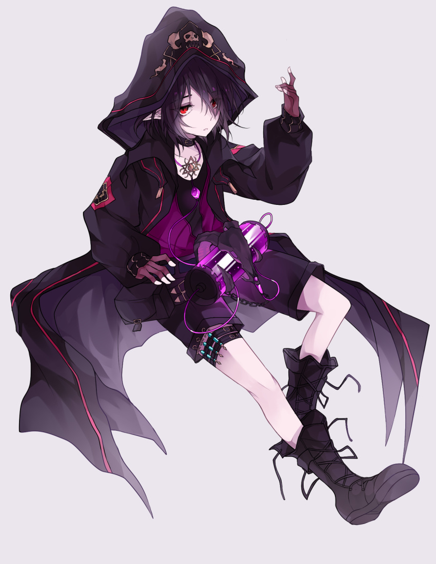 1boy, arm_up, black_cape, black_choker, black_footwear, black_gloves, black_hair, black_hoodie