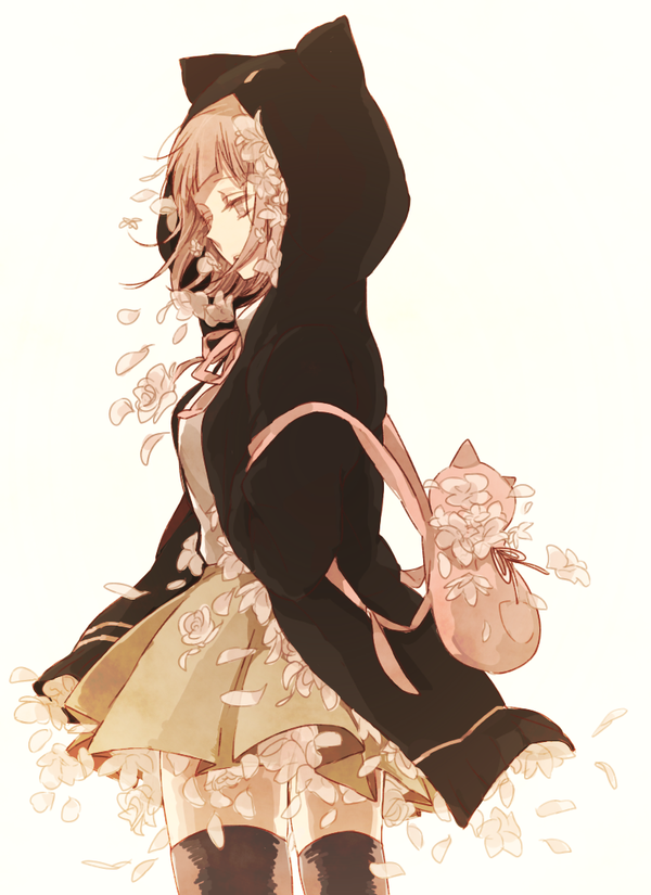1girl, amaiha, animal_ears, backpack, bag, beige_skirt, black_hoodie, black_legwear