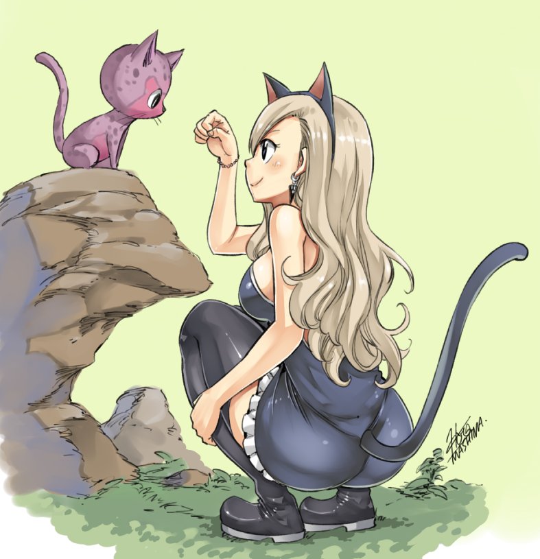 1girl, animal_ears, black_footwear, black_hairband, blonde_hair, blue_dress, boots, bracelet, breasts, brown_eyes, cat, cat_ears, cat_tail, dress, earrings, eden's_zero, fake_animal_ears, fake_tail, frilled_dress, frills, full_body, hairband, happy_(eden's_zero), jewelry, long_hair, mashima_hiro, medium_breasts, official_art, rebecca_(eden's_zero), shiny, shiny_legwear, shiny_skin, short_dress, sideboob, signature, simple_background, sleeveless, sleeveless_dress, smile, solo, squatting, strapless, strapless_dress, tail, thigh-highs, thigh_boots, yellow_background, zettai_ryouiki
