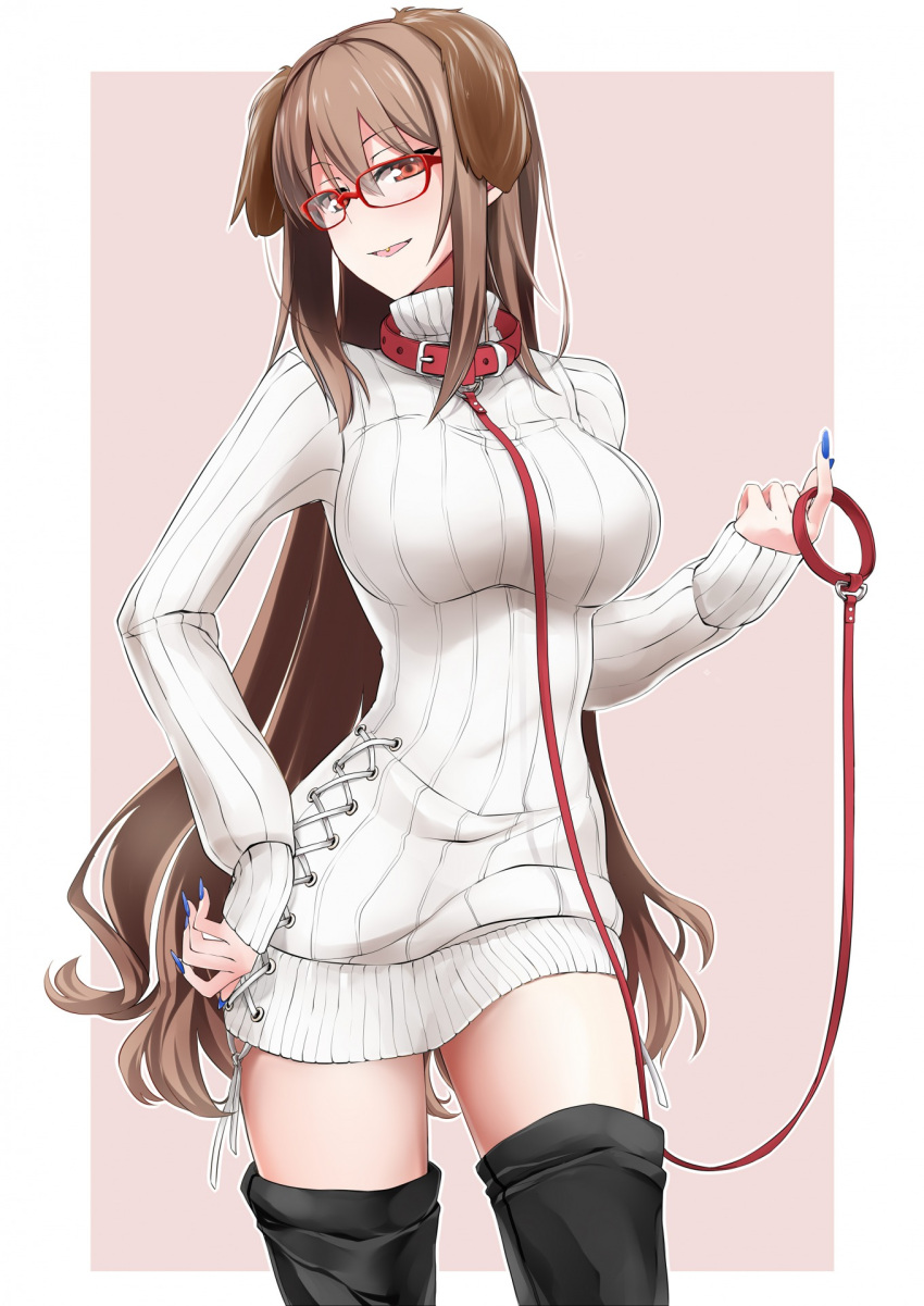 1girl, bangs, black_legwear, blue_nails, breasts, brown_hair, collar, cowboy_shot