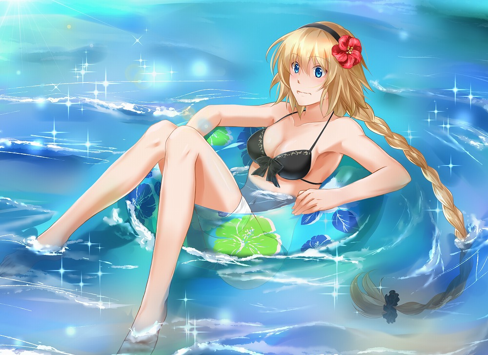 1girl, barefoot, bikini, black_bikini, black_bow, black_hairband, black_scrunchie, blonde_hair