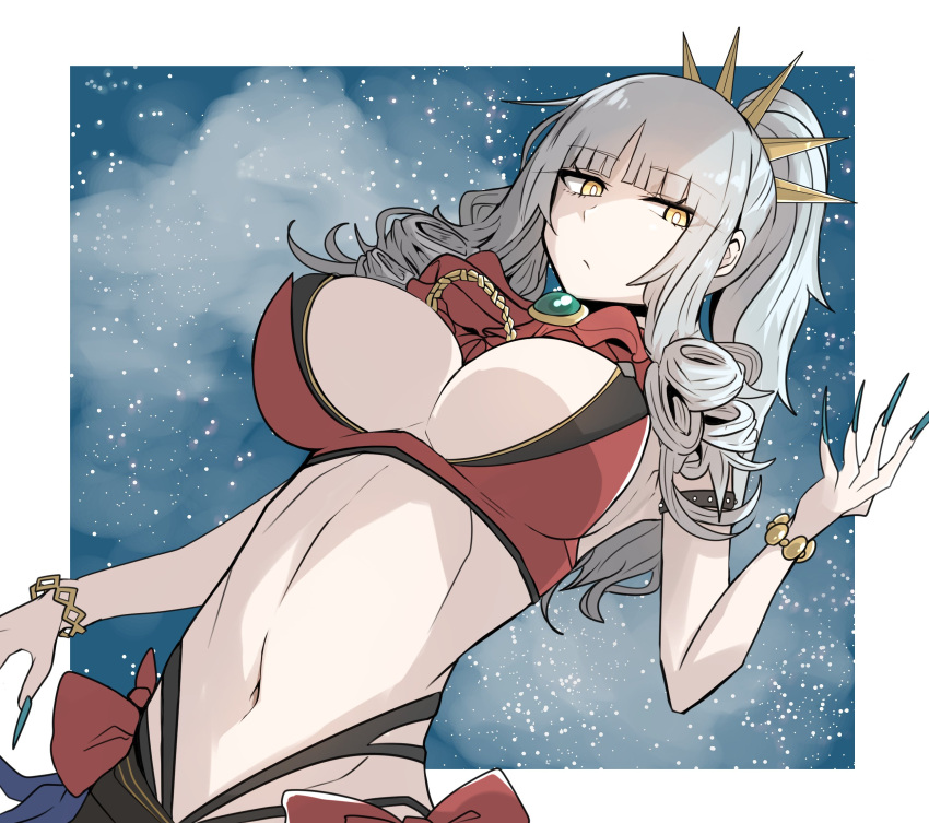 1girl, bracelet, breasts, bright_pupils, carmilla_(fate/grand_order), curly_hair, eyebrows_visible_through_hair, fate/grand_order, fate_(series), fingernails, gin_moku, green_nails, grey_eyebrows, grey_hair, highres, jewelry, large_breasts, nail_polish, navel, ponytail, sharp_fingernails, summertime_mistress_(fate/grand_order), swimsuit, white_pupils, yellow_eyes
