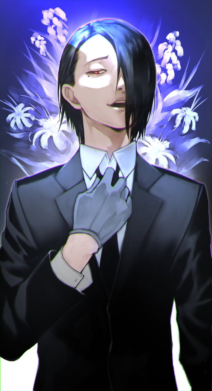 1boy, 55level, black_hair, black_jacket, black_neckwear, blue_gloves, commentary_request, flower