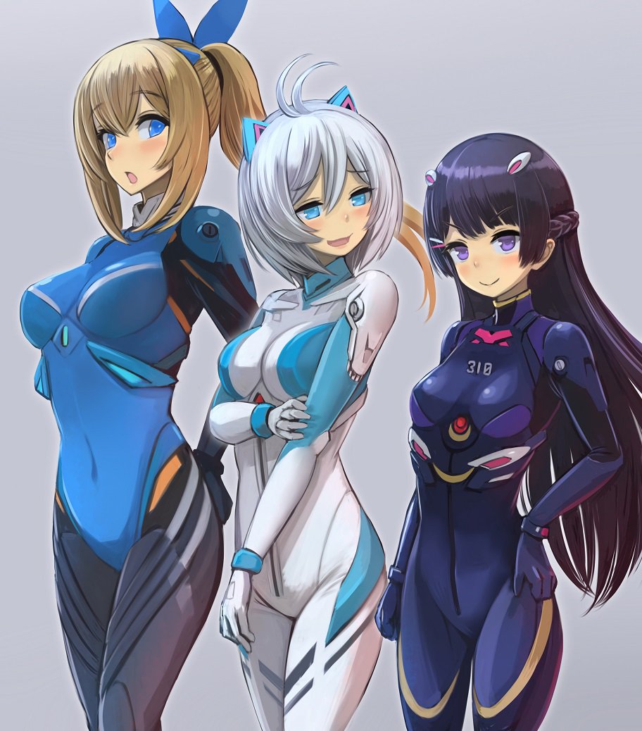 3girls, :o, ahoge, black_hair, blonde_hair, blue_eyes, blush, breasts