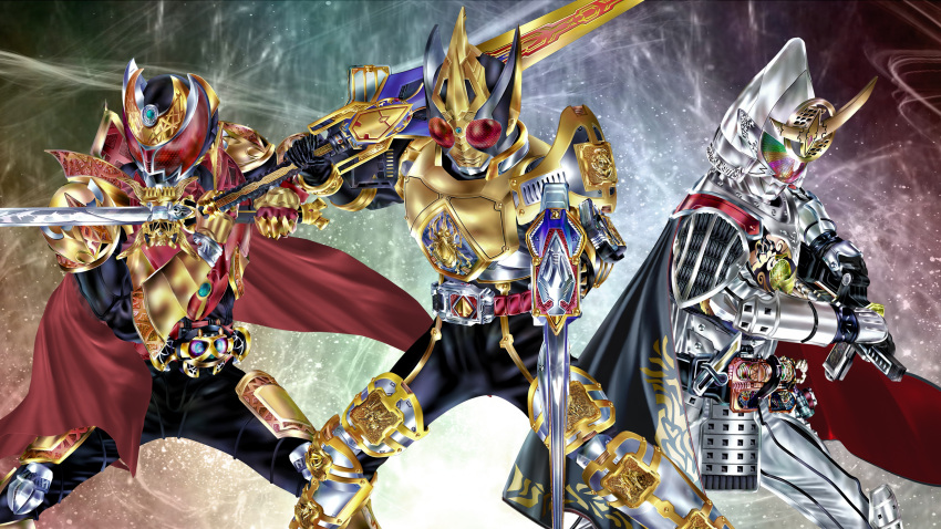 3boys, absurdres, armor, black_cape, cape, dual_wielding, full_armor, gold_armor