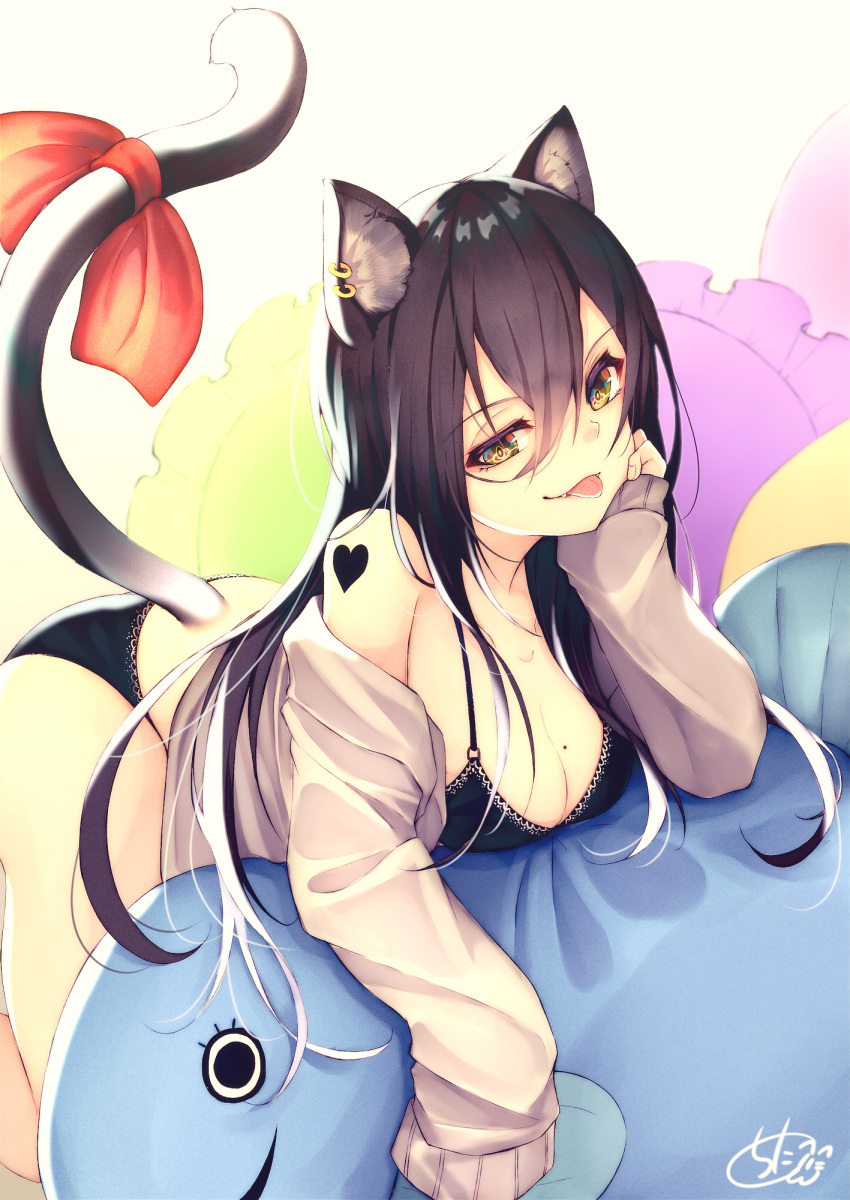 1girl, :p, animal_ear_fluff, animal_ears, bangs, black_bra, black_panties, blush