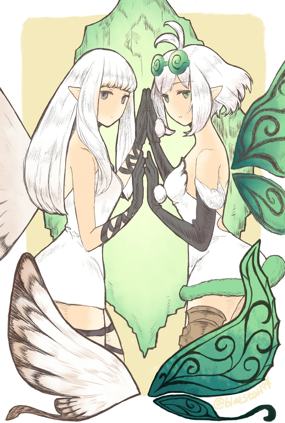 2girls, aerie_(bravely_default), ahoge, bare_shoulders, black_gloves, bluestar, bravely_default:_fairy's_effect, bravely_default:_flying_fairy, bravely_default_(series), breasts, brown_legwear, commentary_request, dress, elbow_gloves, expressionless, eyewear_on_head, fairy, fairy_wings, from_side, fur_trim, glasses, gloves, green_eyes, grey_eyes, hands_together, highres, long_hair, looking_at_viewer, multiple_girls, pointy_ears, rinne_(bravely_default), short_dress, short_hair, sketch, small_breasts, strapless, strapless_dress, thigh-highs, thigh_strap, white_dress, white_hair, wings