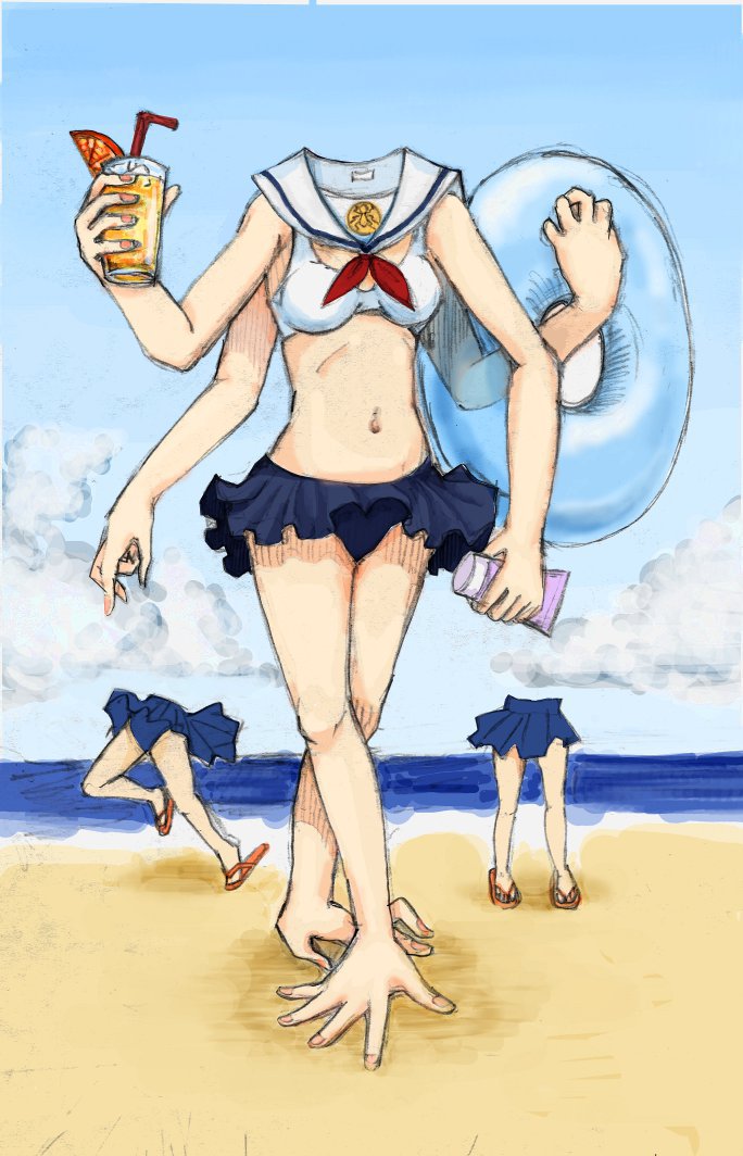 3girls, beach, bikini, extra_arms, food, fruit, gustave1826, headless, innertube, lotion, mahou_shoujo_madoka_magica, mathieu_(madoka_magica), navel, orange, orange_juice, orange_slice, patricia_(madoka_magica), sandals, summer, sunscreen, swimsuit, what, witch's_kiss