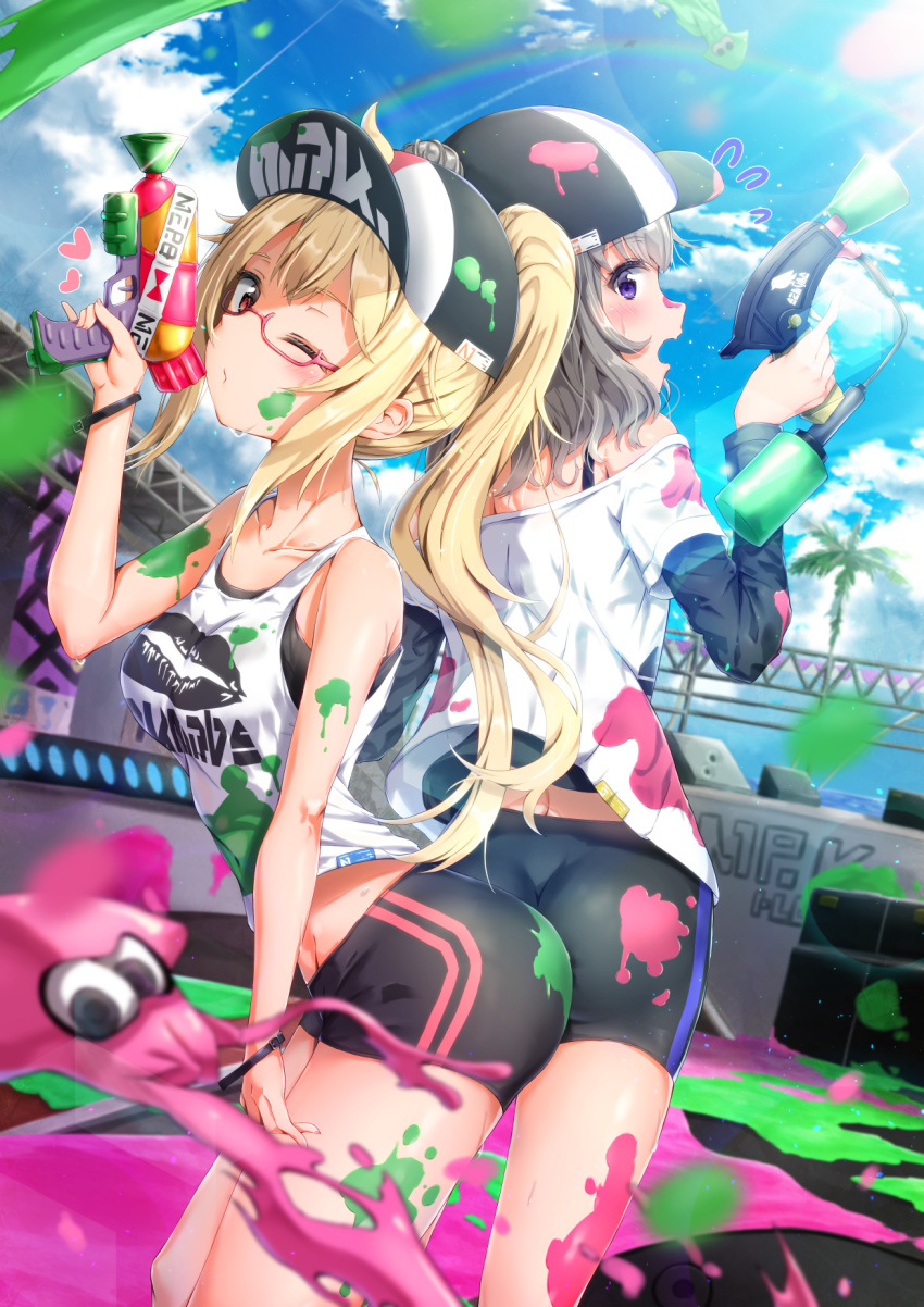 2girls, ass, ass-to-ass, bare_shoulders, baseball_cap, bike_shorts, black_hat, black_shorts