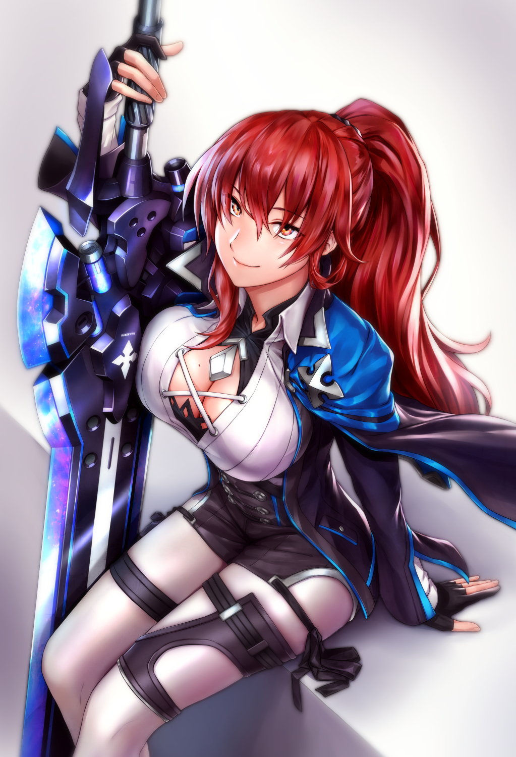 1girl, arctic_kriegsmesser, arm_support, bangs, belt, black_coat, black_gloves, blue_cape