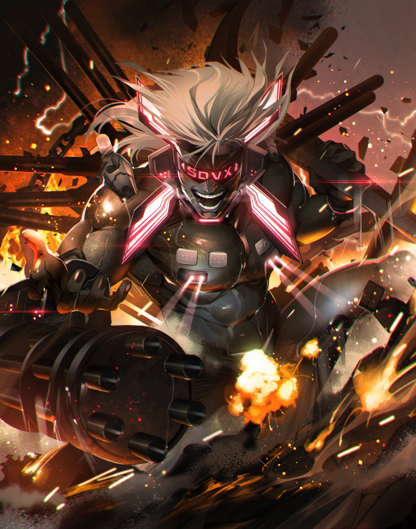1boy, abs, chains, convenient_censoring, explosion, fire, fu-mi.a, gatling_gun