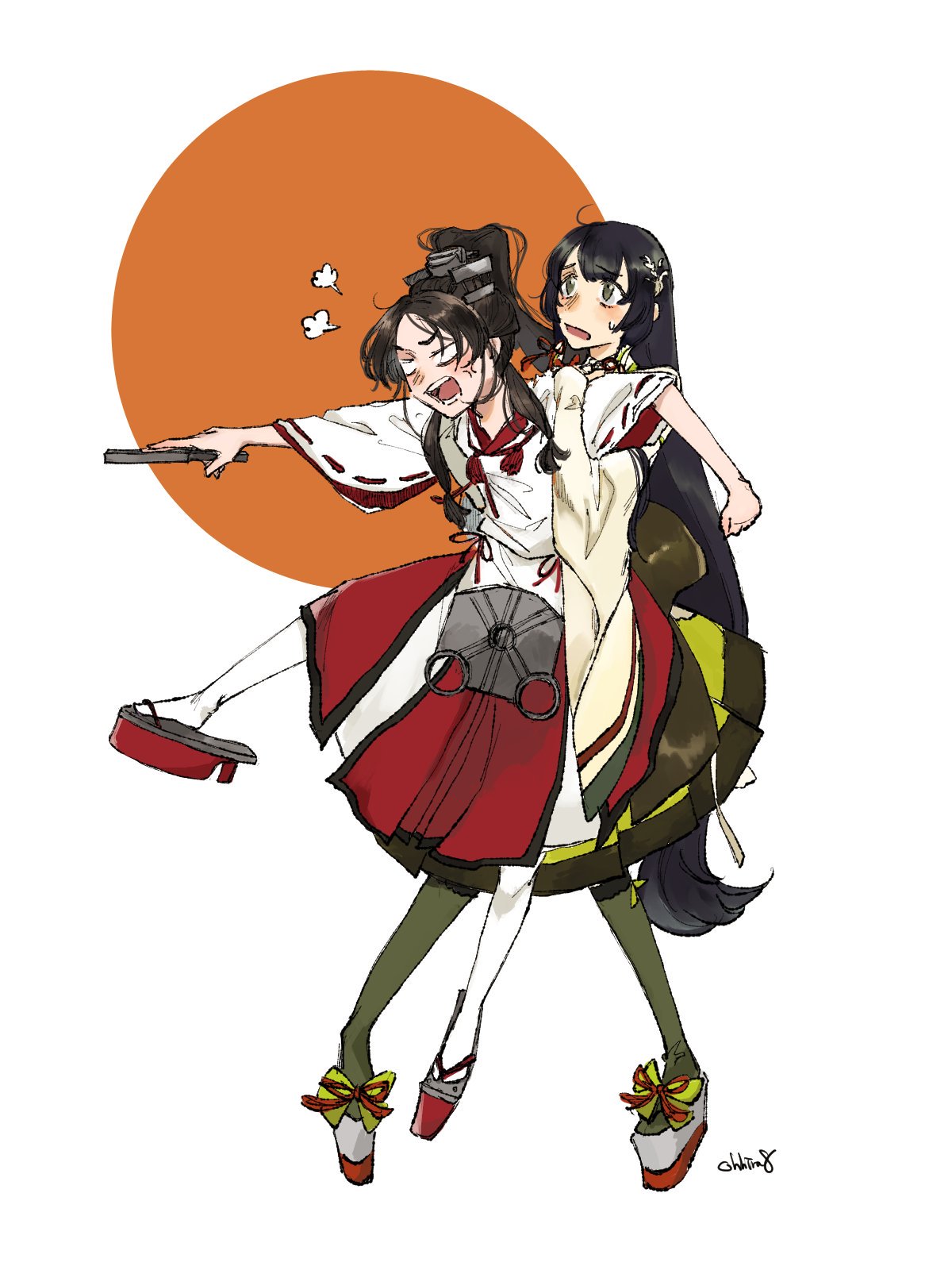 2girls, anger_vein, angry, armlock, artist_name, bangs, black_hair, blush