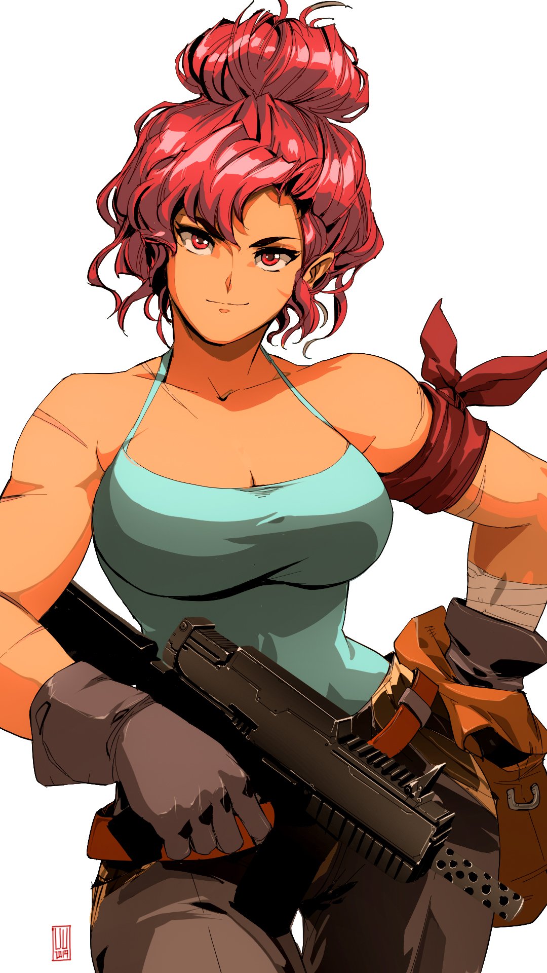1girl, 90s, armband, bare_shoulders, belt_pouch, breasts, camisole, cleavage