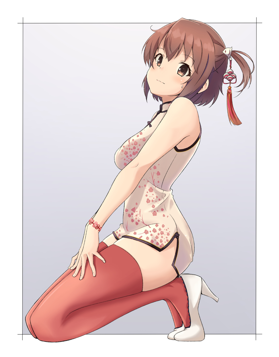 1girl, bangs, bare_shoulders, blush, brown_eyes, brown_hair, china_dress, chinese_clothes
