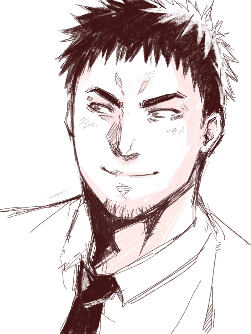 1boy, black_hair, commentary_request, facial_hair, highres, male_focus, necktie, qqyy8rf9k