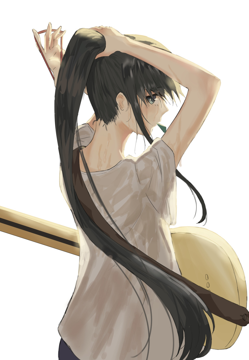 1girl, 7aehyun, absurdres, arms_up, black_hair, electric_guitar, from_behind, grey_eyes