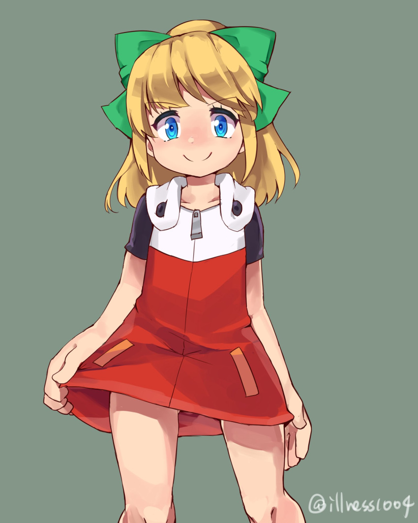 1girl, android, bangs, blonde_hair, blue_eyes, blush, bow, capcom, cowboy_shot, dress, dress_lift, eyebrows_visible_through_hair, grey_background, hair_bow, hair_ornament, highres, illness1004, long_hair, looking_at_viewer, mega_man_(classic), mega_man_(series), ponytail, rockman, rockman_(classic), rockman_11, roll, roll_(mega_man), simple_background, smile, solo, standing, twitter_username, zipper_pull_tab