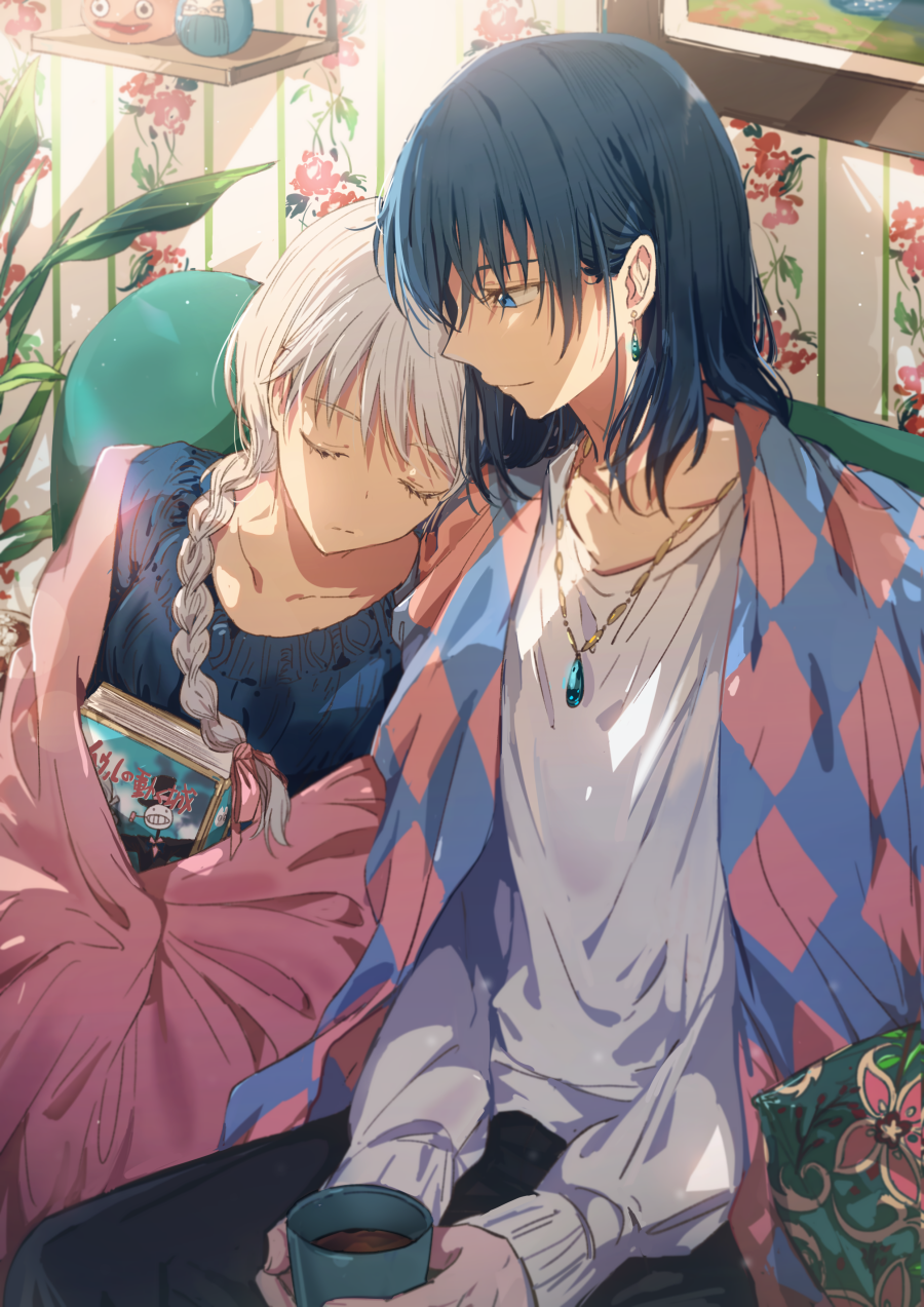 1boy, 1girl, bangs, black_hair, blanket, blue_eyes, blue_sweater, book