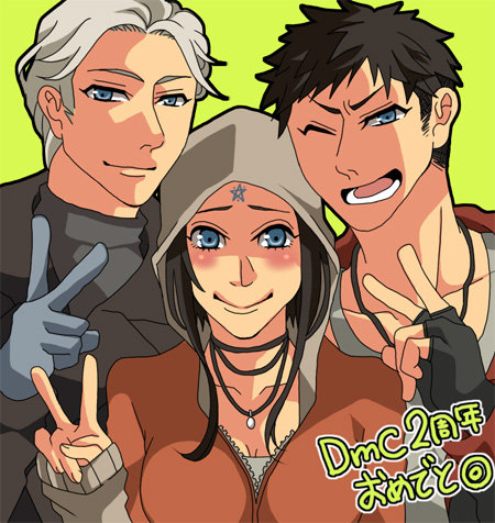 1girl, 2boys, black_hair, blue_eyes, breasts, cleavage, commentary_request, dante_(devil_may_cry)