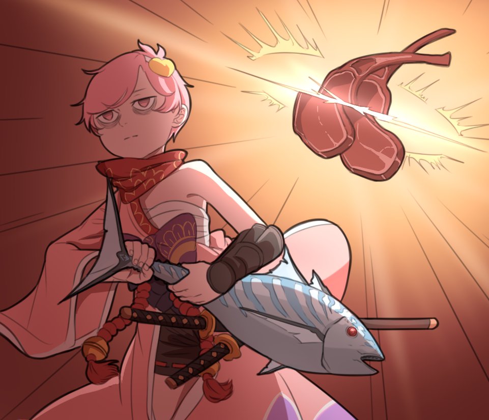 1girl, arm_guards, bags_under_eyes, bangs, bonito, cowboy_shot, food, granblue_fantasy