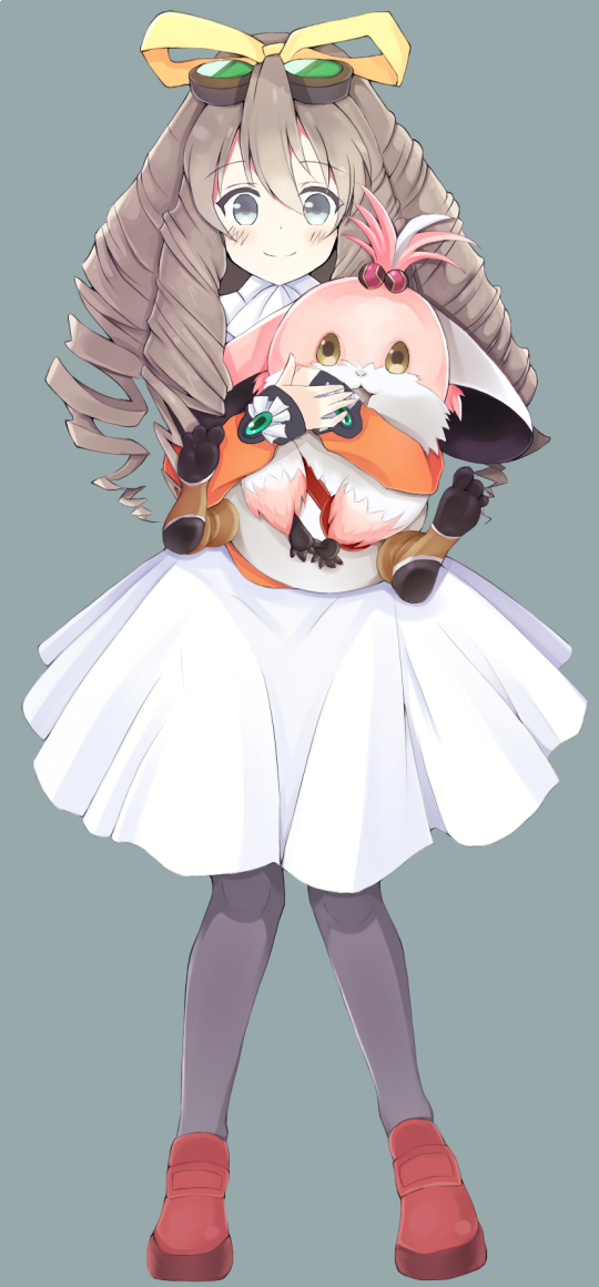 2girls, bow, brown_hair, chu_chu_(xenogears), dress, drill_hair, goggles, goggles_on_head