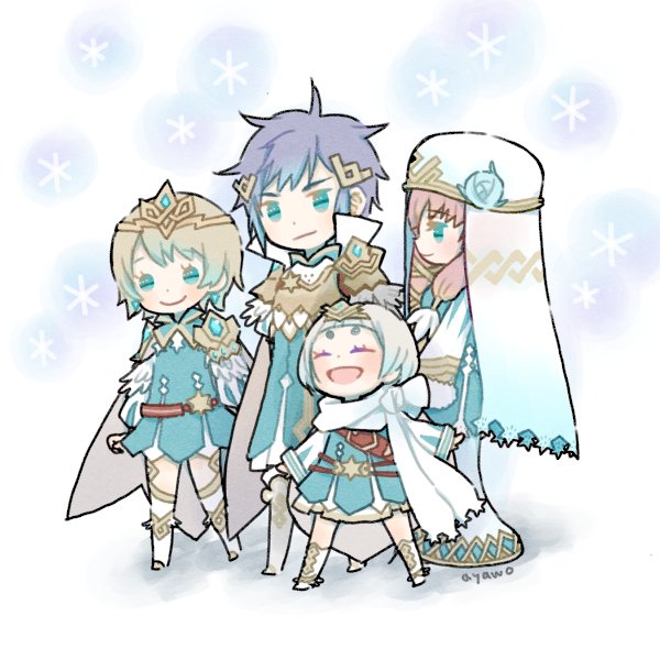 1boy, 3girls, artist_name, ayawo, blonde_hair, blue_hair, brother_and_sister, cape