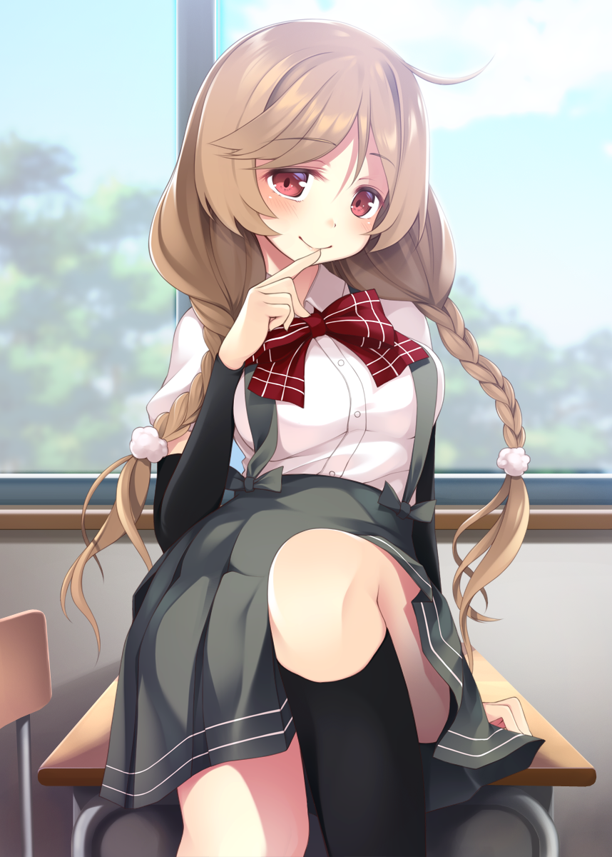 1girl, arm_warmers, black_legwear, blue_sky, bow, bowtie, braid, breasts