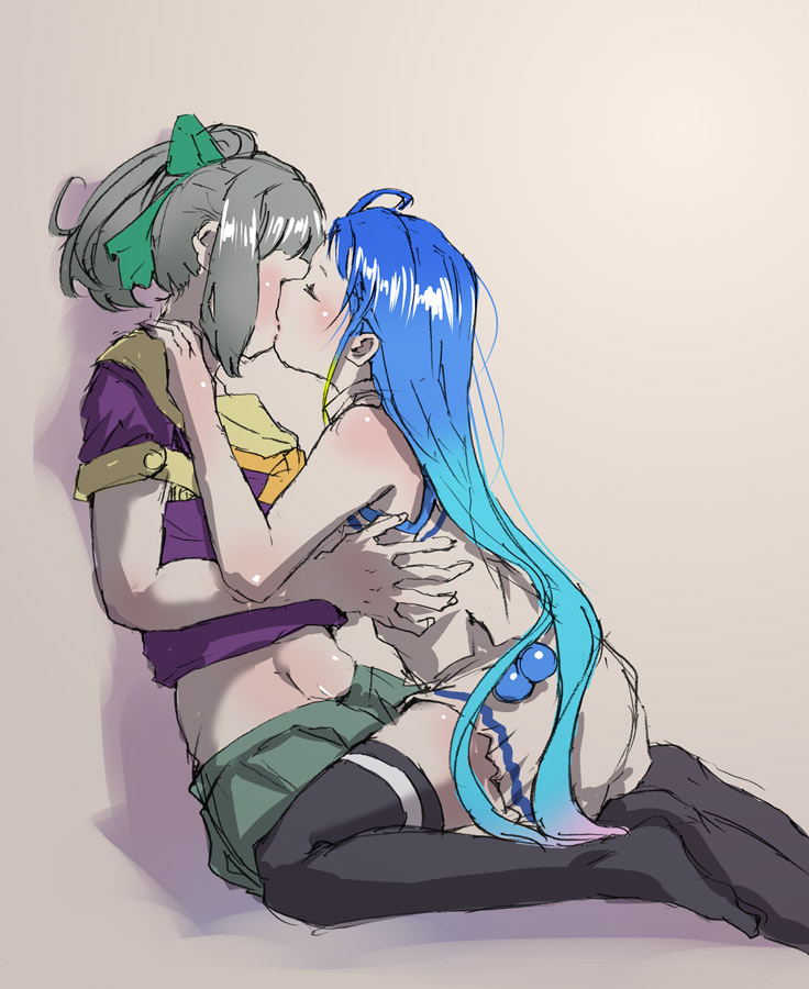 age_difference, bangs, black_legwear, blue_hair, bow, elbow_gloves, girl_on_top, gloves